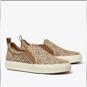 Tory Burch T Monogram Slip On Sneakers Jacquard/Calf Leather Size 8.5